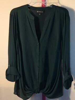 INC International Concepts Long Sleeve Hunter Green Button- Blouse - Large NWT